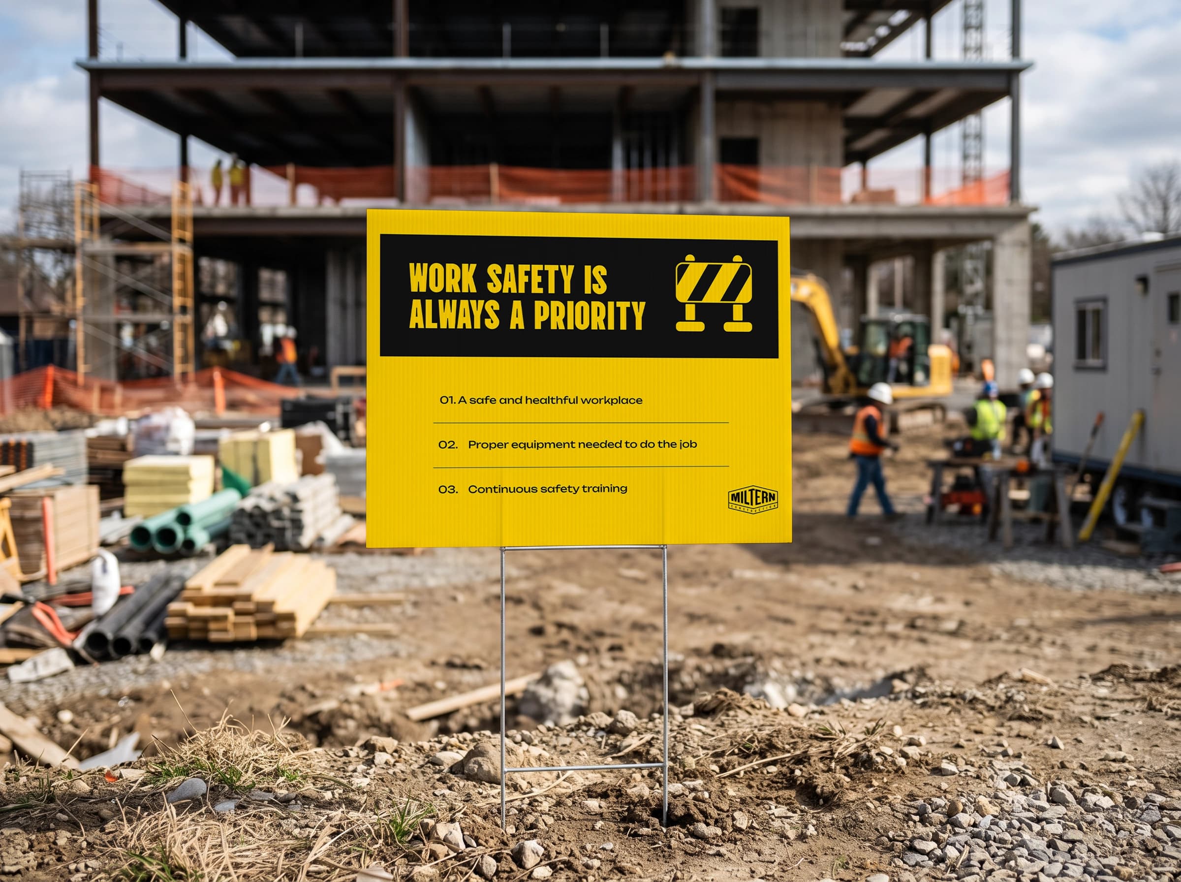Work safety yard sign at a construction site