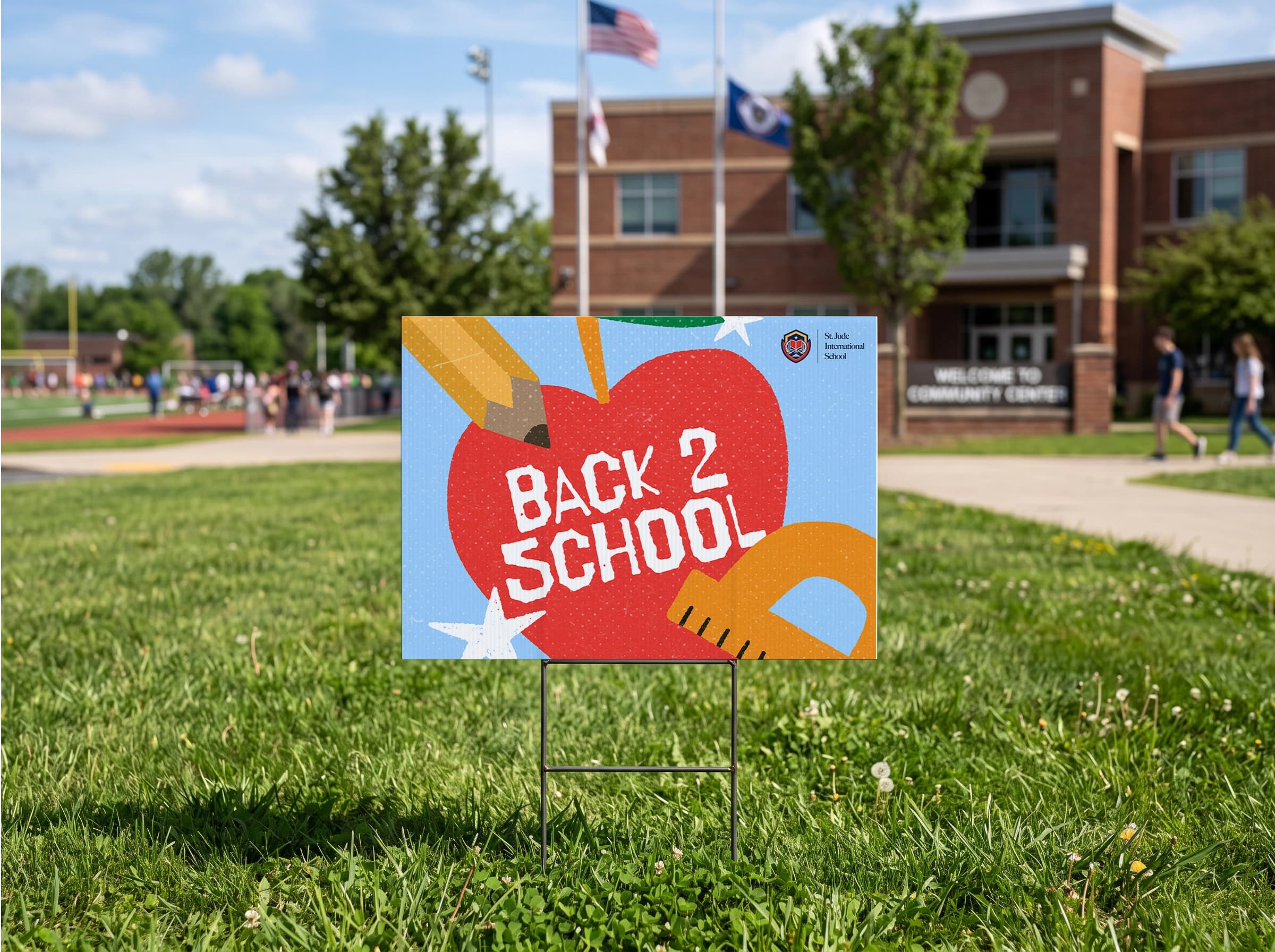 Back to school yard sign on a campus lawn
